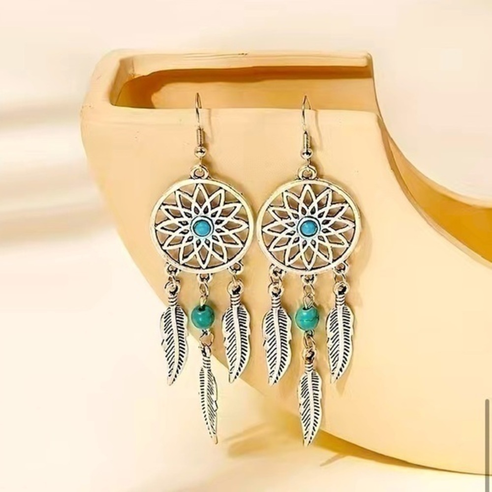 Southwest Style Turquoise Dreamcatcher Feather Earrings
